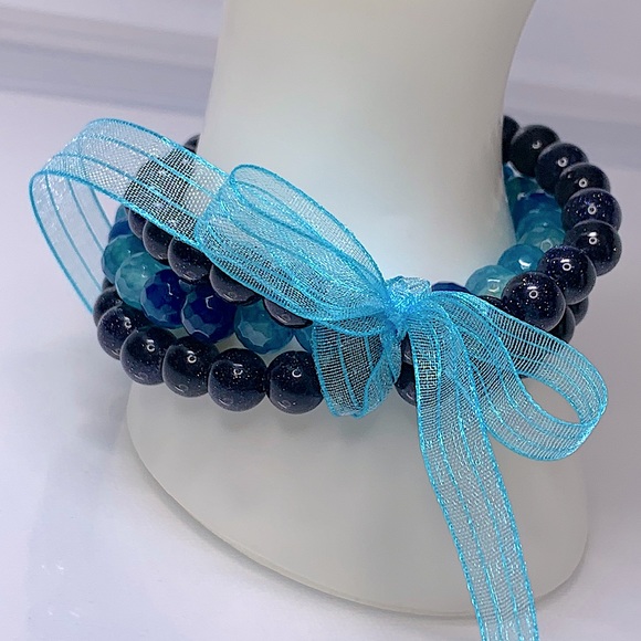 BLUE SANDSTONE + DRAGON VEINS  AGATE SET NATURAL BRACELETS size 7” - Picture 7 of 8